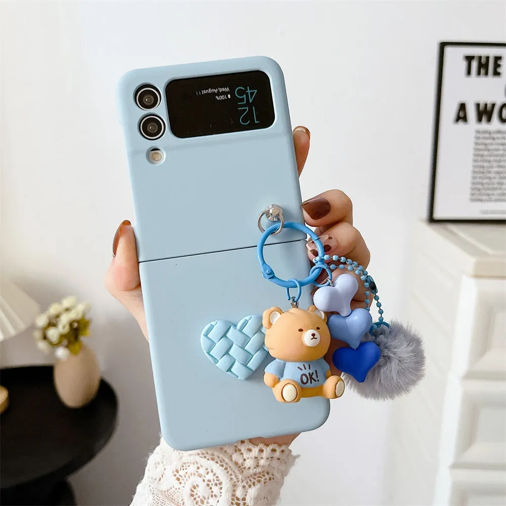 Cartoon Bear Love Heart Case For Samsung ZFlip 5 4 3 Hairball 3D Cartoon Pendant Cover