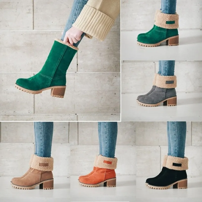 Owlkay Winter Mid-Calf Chunky Heel Suede Snow Boots